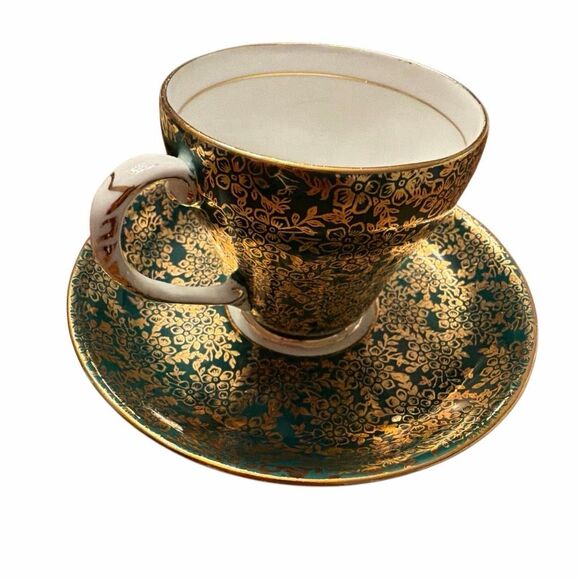 Royal Grafton-bone China-teacup, saucer porcelain Dark green gold floral design - Picture 1 of 8